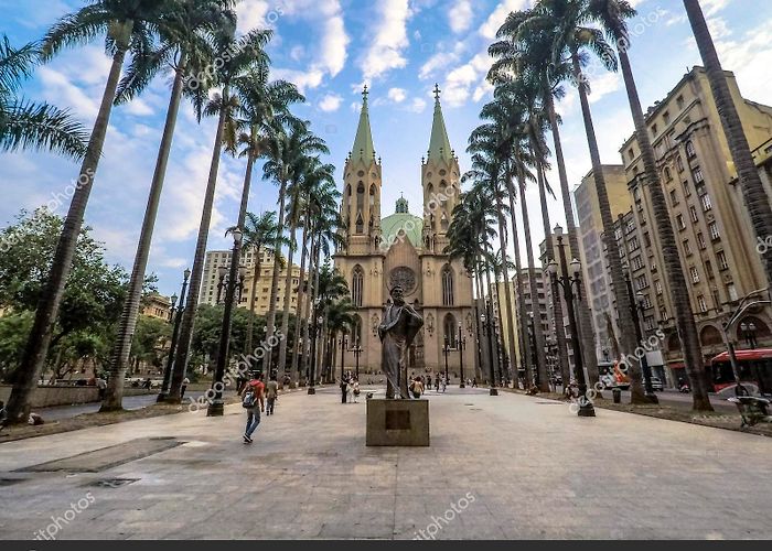 Sao Paulo Metropolitan Cathedral Sao Paulo Brazil February 2018 People Walking Square Facade ... photo